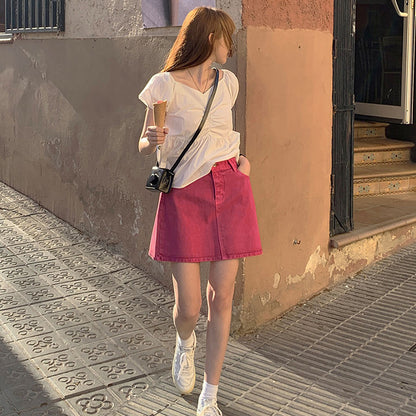 A-shaped skirt, small Korean version short skirt, raspberry pink skirt, summer new, sweet and spice girl twill washed cotton hip skirt