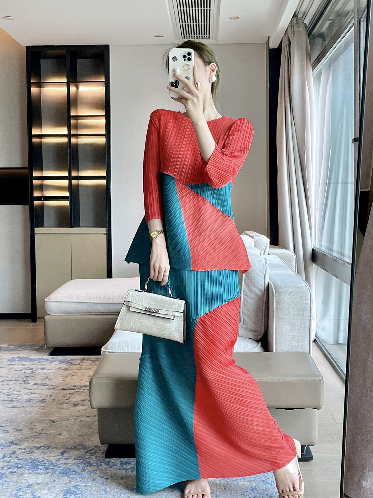 Folds  autumn designer high-end color matching fashion casual suit queen fan temperament elegant two-piece set