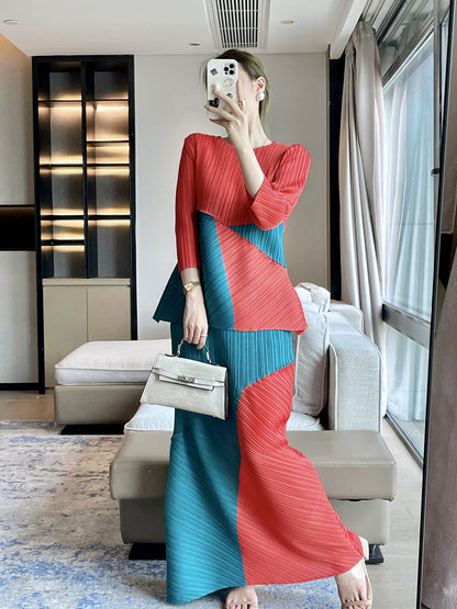 Folds  autumn designer high-end color matching fashion casual suit queen fan temperament elegant two-piece set