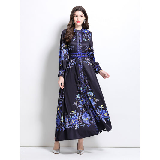 Court style blue and white porcelain printed stand-up collar single-breasted stunning skirt high-end elegant temperament big swing dress women