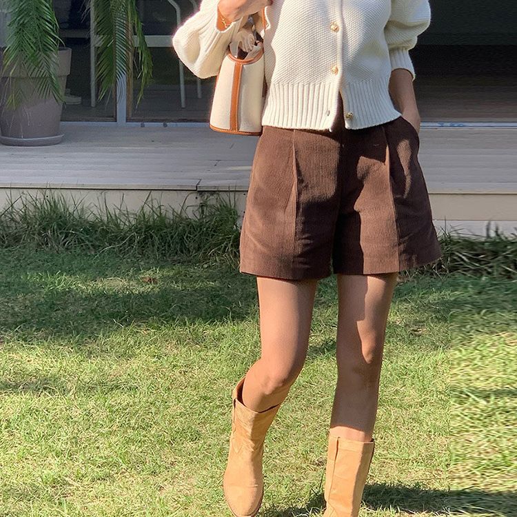 spring new versatile casual corduroy shorts elastic high waist dopamine single item short Korean pants