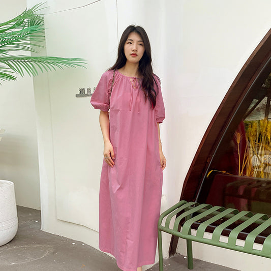 New fresh temperament dress loose bubble sleeves cover meat round neck pleated gentle pure cotton design doll skirt