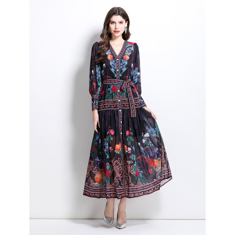 Spring and Autumn  court style temperament thin  chiffon mesh dress women's big pendulum A-word printing long dress