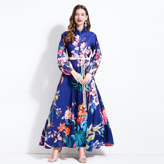 Popularan, n and Popular style retro fashion printed stand-up collar single-breasted lantern sleeve dress women's waist pendulum dress long dress