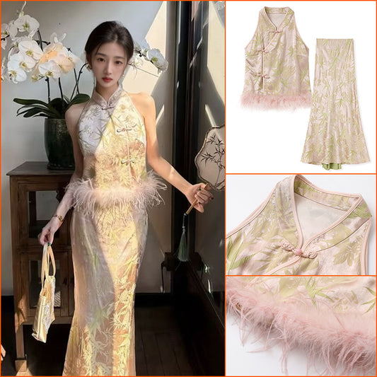 2025 New Chinese-style green bamboo jacquard national style stand-up collar buckle temperament fashion light luxury vest skirt set N3011