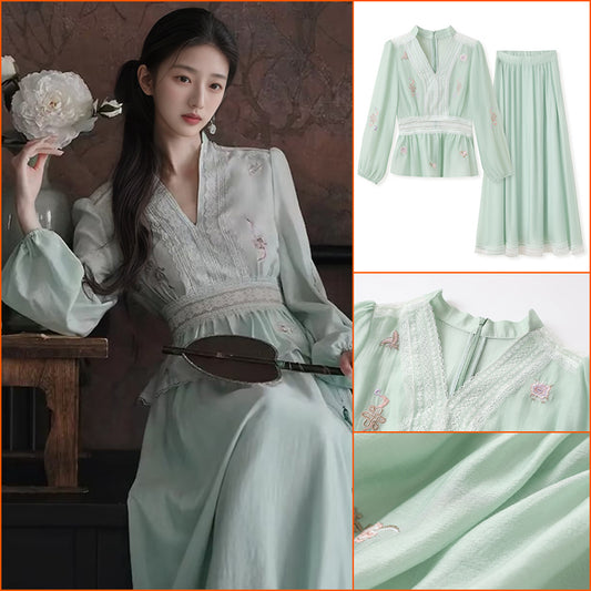 Spring and summer national style new Chinese high-end embroidery lace slim V-neck design top waist long skirt set N3047