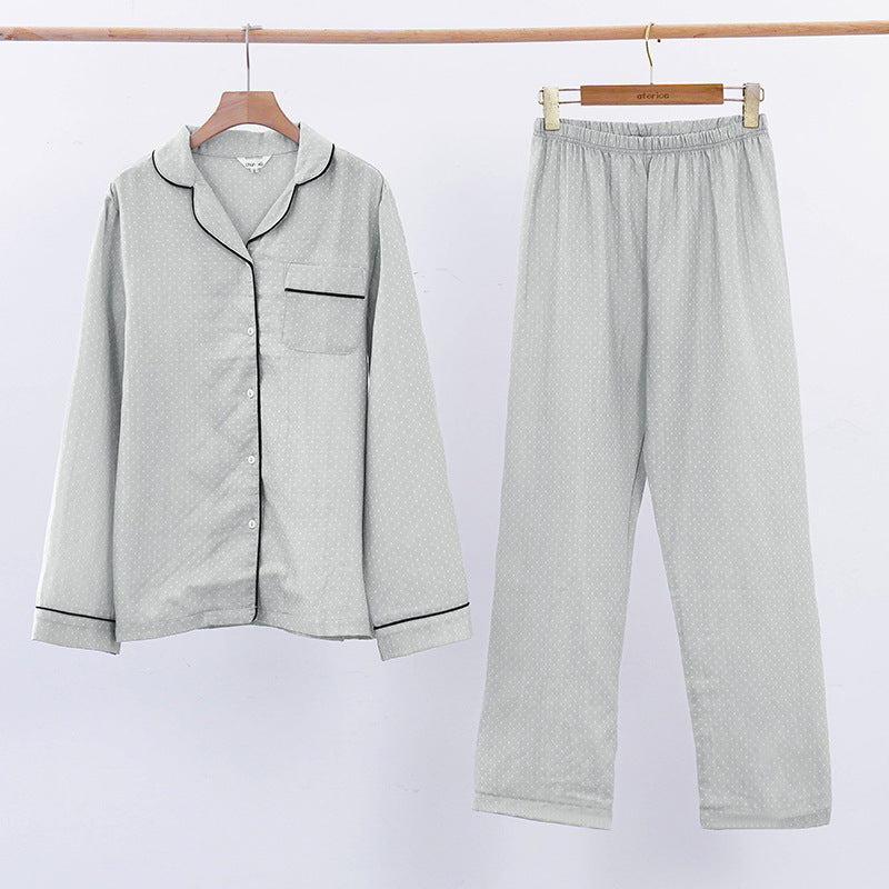 New Internet celebrity pure cotton contrasting polka dot couple pajamas set Korean version of simple high-end lapel long-sleeved cardigan