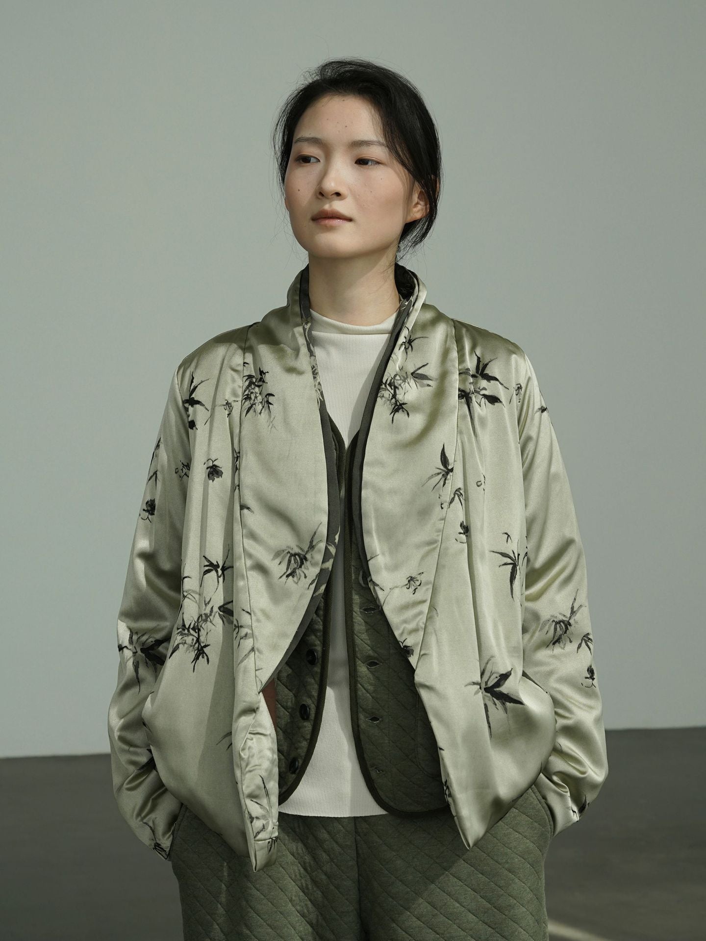 national style new Chinese style human silk luster diagonal placket thickened cotton-padded jacket bamboo leaf jacquard warm cotton-padded jacket M24357