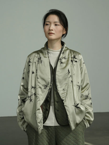 national style new Chinese style human silk luster diagonal placket thickened cotton-padded jacket bamboo leaf jacquard warm cotton-padded jacket M24357