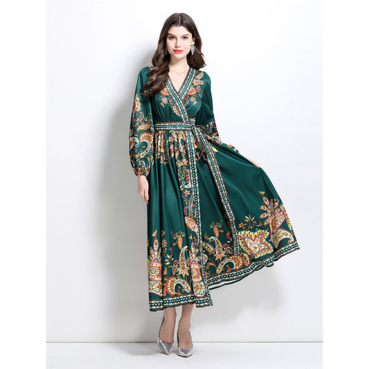 independent station women's clothing  high-end one-piece lace-up waist printed dress women's light luxury elegant long