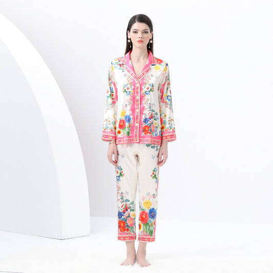 fashion two-piece set women's court style retro suit collar printed long-sleeved shirt + high waist and thin wide-leg pants