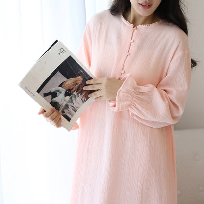 Pure cotton ruffle edge nightdress design sense lace lace splicing neckline sweet long dress lazy style long sleeve loungewear