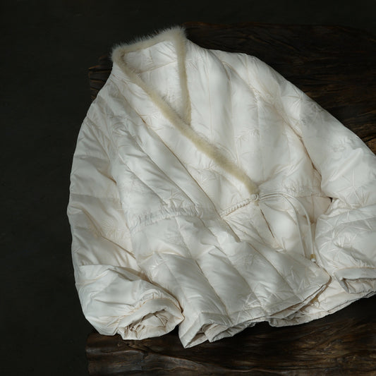 national style diagonal embroidered fur collar down jacket, literary Chinese style gentle waist duck down jacket W24387