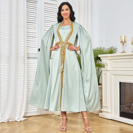 Middle East Popular trade Muslim women's robe autumn fashion new heavy industry beaded cardigan two-piece dress women