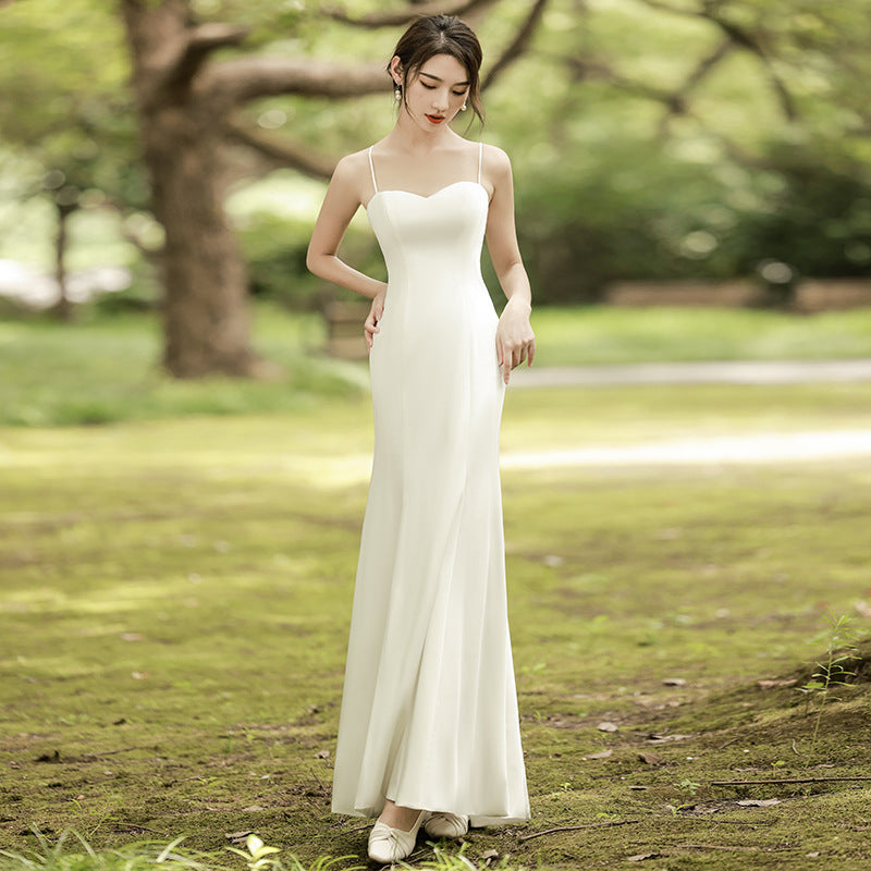 light wedding dress  Mori retro satin small white simple sexy backless suspender small dress skirt