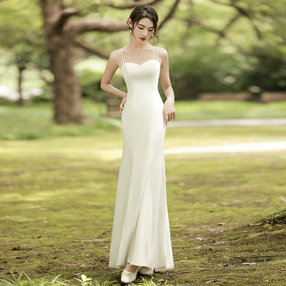 light wedding dress  Mori retro satin small white simple sexy backless suspender small dress skirt