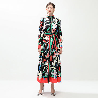 celebrities retro fashion printed stand-up collar single-breasted dress women's waist temperament big pendulum long skirt