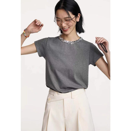 Siyuan, new niche simple casual round neck neckline sequined design front shoulder short-sleeved T-shirt women's top 7789