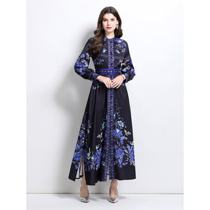 Court style blue and white porcelain printed stand-up collar single-breasted stunning skirt high-end elegant temperament big swing dress women