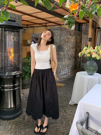 Siyuan,  heavy industry hollow embroidery fashionable design sense white A-shaped skirt commuting temperament elegant skirt women
