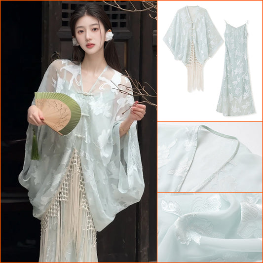 Summer 2025 national style new high-end cardigan loose coat fairy suspender dress set female N3112