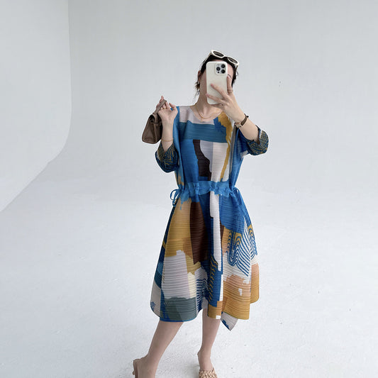 spring and summer new high-end round neck printed dress women's casual loose and thin waist large size medium and long dress
