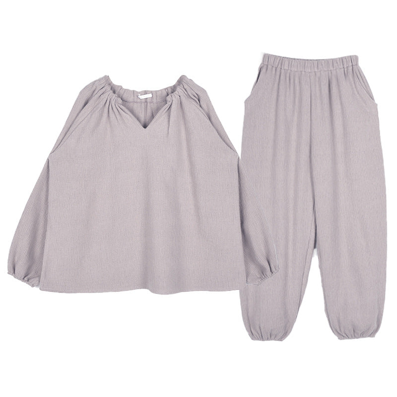 Spring Korean version ins style pure cotton loungewear women's V-neck loose simple lazy casual long-sleeved pajamas two-piece set