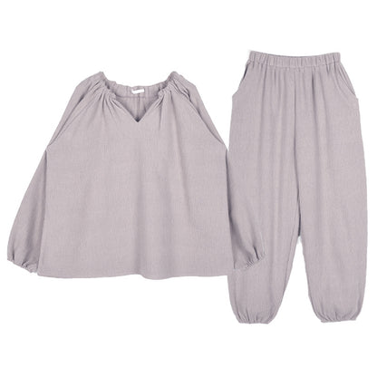 Spring Korean version ins style pure cotton loungewear women's V-neck loose simple lazy casual long-sleeved pajamas two-piece set