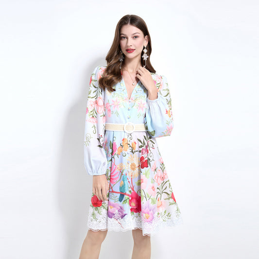 New Popular trade niche socialite elegant V-neck single-breasted printed dress for women, waist and thin A-shaped skirt for women
