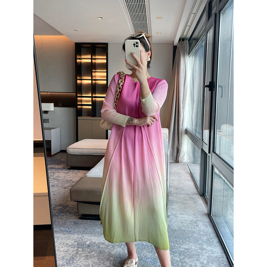 Miyake  new gradual change color printing high-end pleated dress women's loose and thin temperament elegant long dress