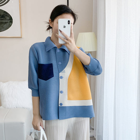 Miyake  spring new shirt women's design sense niche high-end color matching loose temperament cardigan pleated top