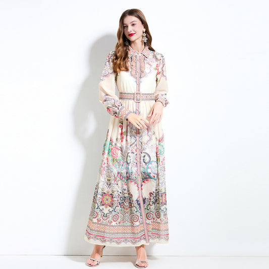 niche retro court style fashion positioning printed lace-up waist single-breasted temperament lantern sleeve dress