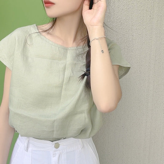 New fresh pure linen top, short round neck sleeveless slim-fitting simple daily versatile T-shirt casual outer wear women