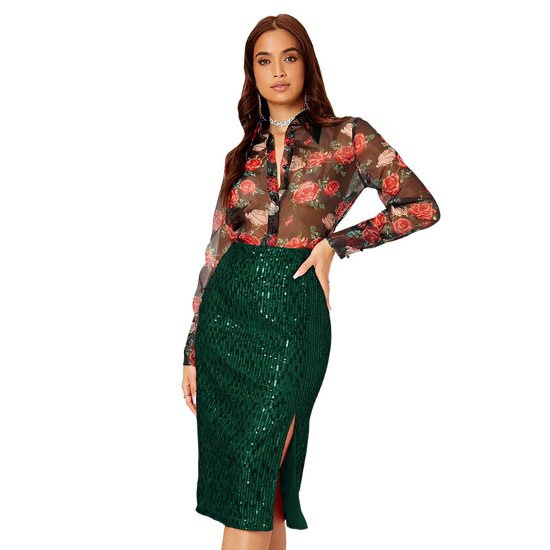 SIXSR Short skirt Spice girl Popular trade INS style skirt summer women's temperament slim hip skirt split sequined skirt women