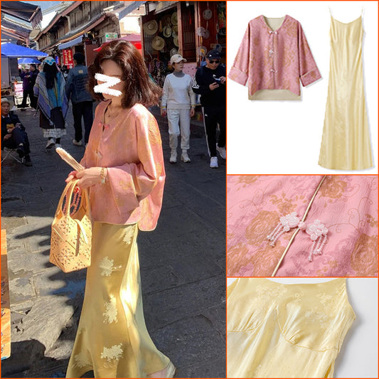 New Chinese style flower embroidery acetic acid suit women's loose top temperament show figure dress M3082