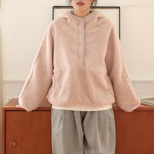 Lamb wool hooded top women's clothing fresh and sweet half-open button thermal sweater lazy solid color long-sleeved jumper