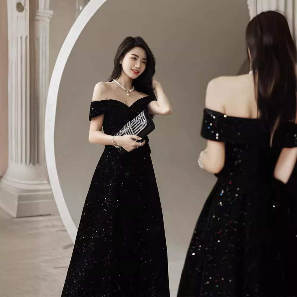 One-word shoulder black host evening dress dress banquet temperament  new star velvet summer long