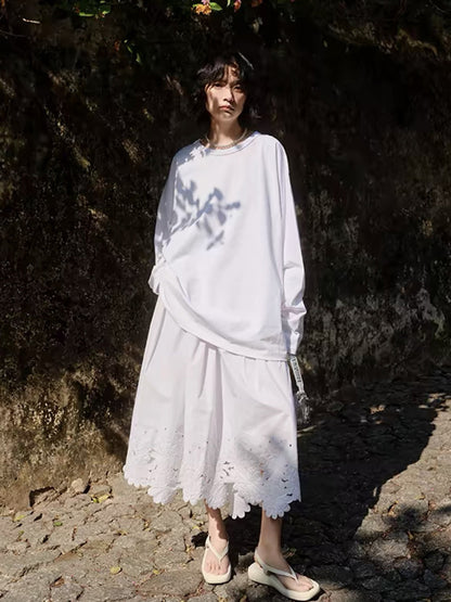 Siyuan,  heavy industry hollow embroidery fashionable design sense white A-shaped skirt commuting temperament elegant skirt women