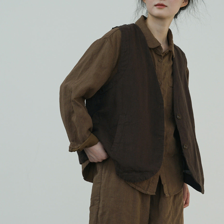 retro casual loose cotton and linen double-layer v-neck vest, literary tooling simple vest vest W24305