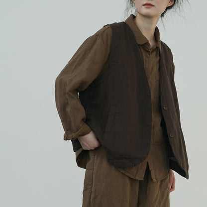 retro casual loose cotton and linen double-layer v-neck vest, literary tooling simple vest vest W24305