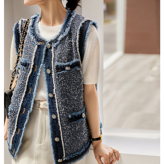 2025 Heavy Industry Design, Spring and Autumn Xiaoxiangfeng Vest Short  Spring and Autumn New Cotton Rough Edge, Vest Jacket Women's Clothing