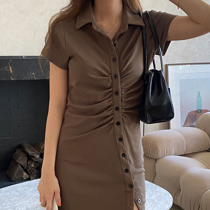 Short dress summer women's lapel pleated design temperament waist thin Internet celebrity sexy careful short skirt
