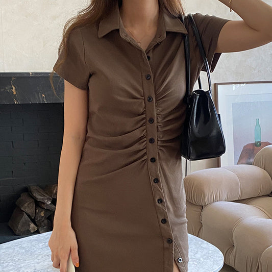 Short dress summer women's lapel pleated design temperament waist thin Internet celebrity sexy careful short skirt