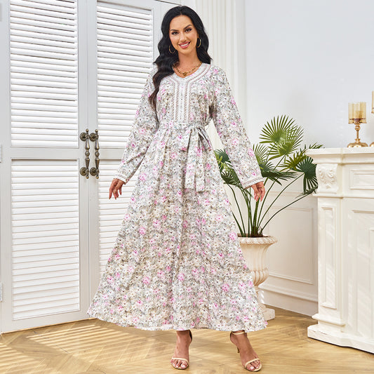 Fashion Summer New Muslim Robe Print Diamond Elegant Middle East Dubai Clothing Party Dress Dress