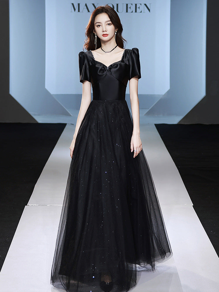 Banquet black evening dress dress  new temperament host female student art examination temperament dress spring