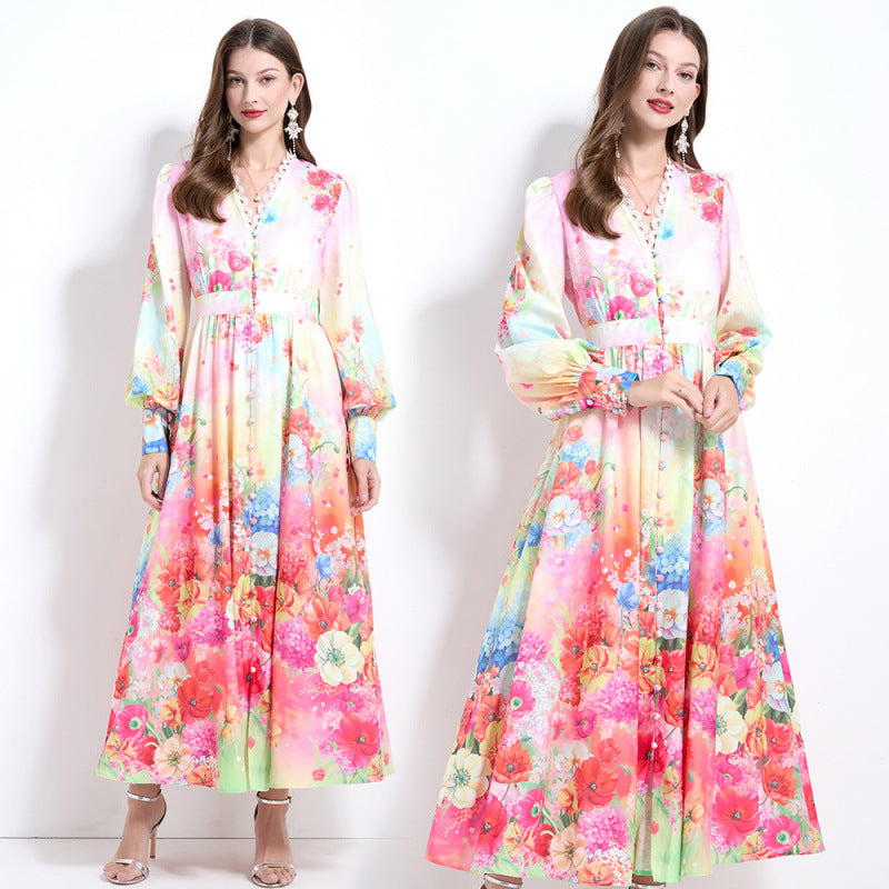 Holiday style dress women's  new  V-neck lace splicing lantern sleeve waist printed chiffon dress