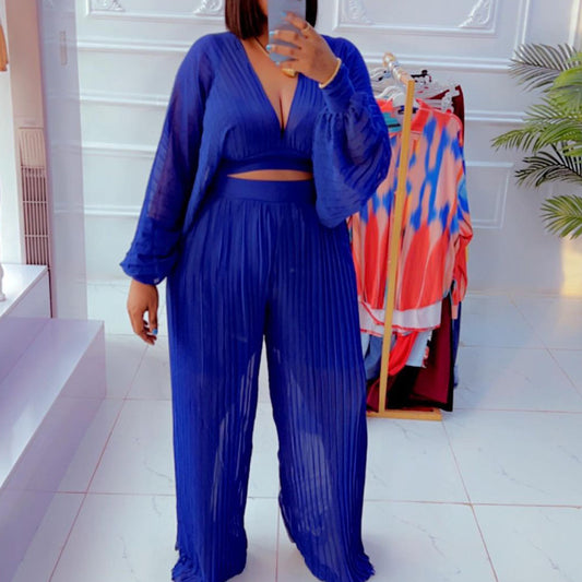 SIXSR D232  popular summer new pleated chiffon see-through V-neck top wide-leg pants set 2025 two-piece set