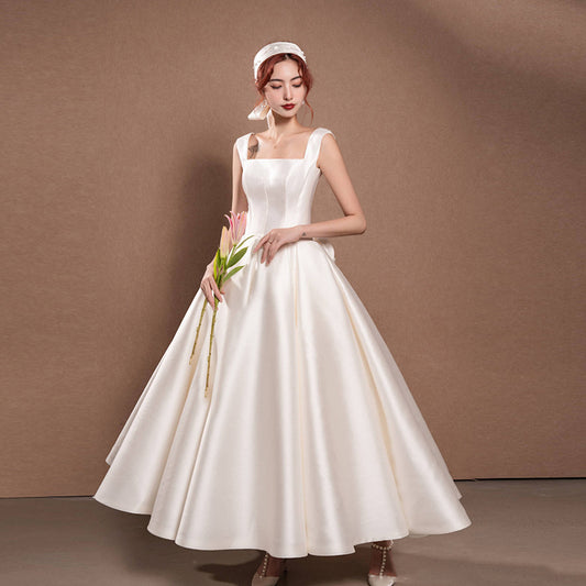 Light wedding dress dress daily travel photography simple Mori Hepburn suspender  new satin door yarn dress
