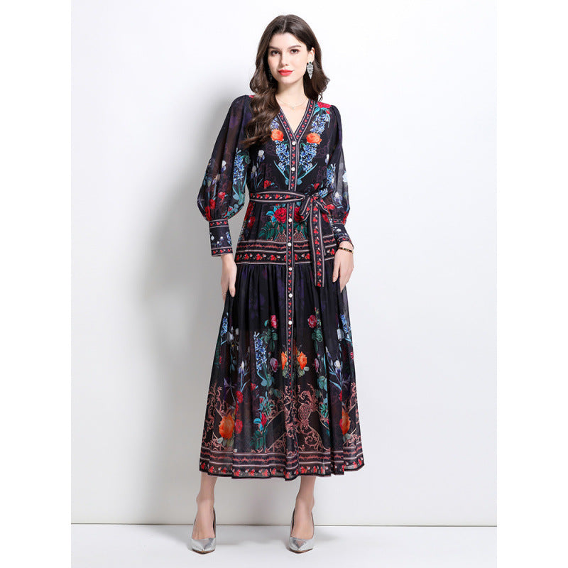 Spring and Autumn  court style temperament thin  chiffon mesh dress women's big pendulum A-word printing long dress