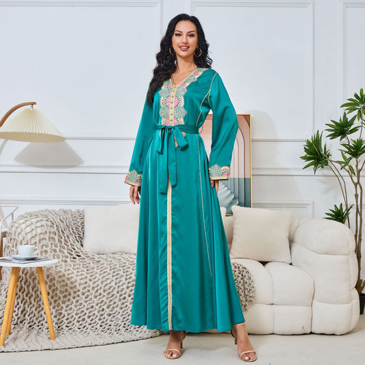 MT133 Middle East  Women's Dress Beaded Ribbon Lace Abaya Dubai Muslim Fashion Robe